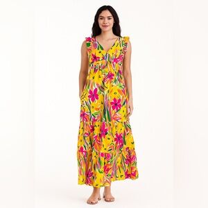 Maggy London Floral Maxi Dress Size 14 Yellow Pink Green Print, Ruffle Sleevele